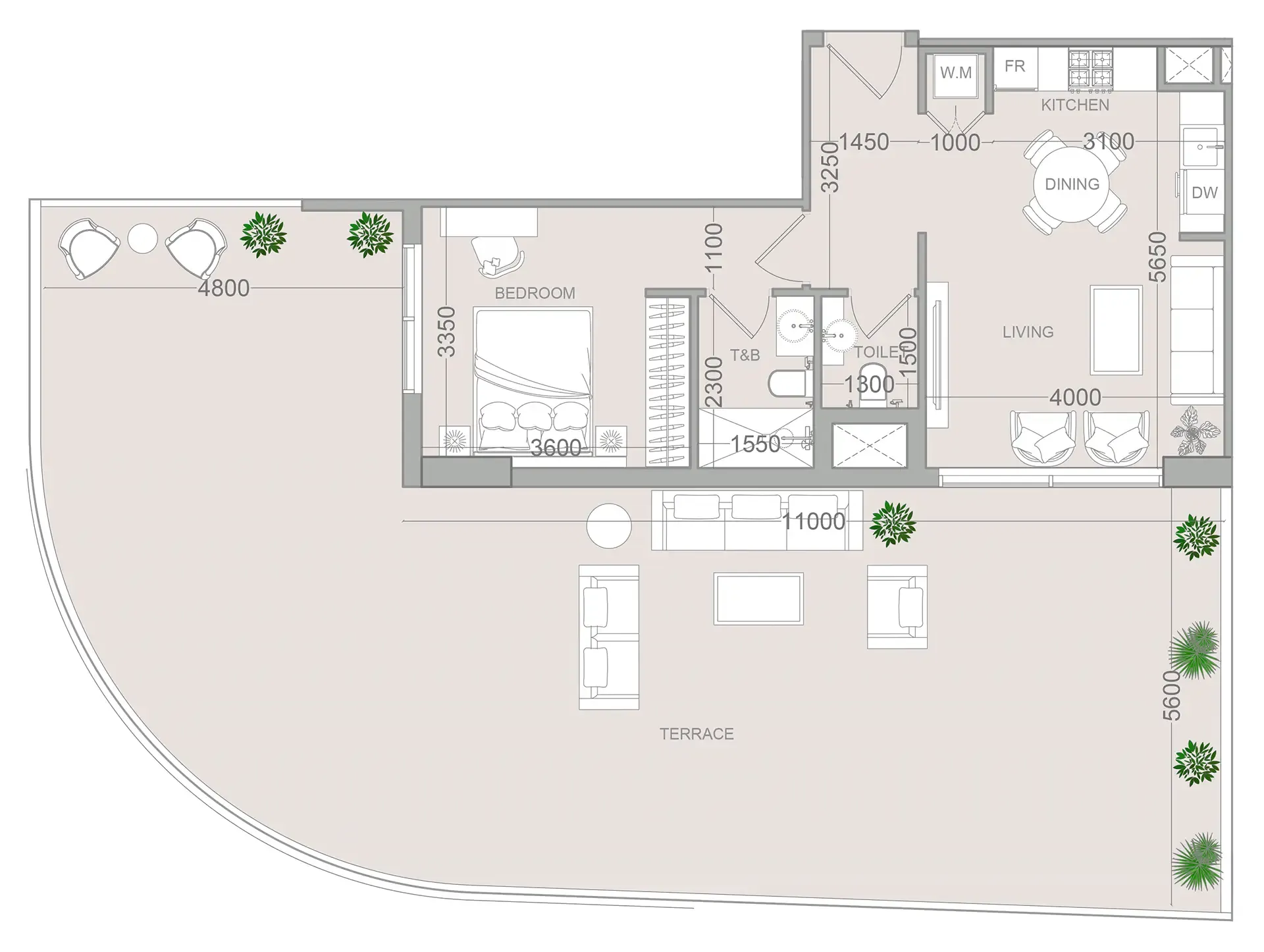 ELAR1S Sky 1 bed floor plan, 1,636 sqft