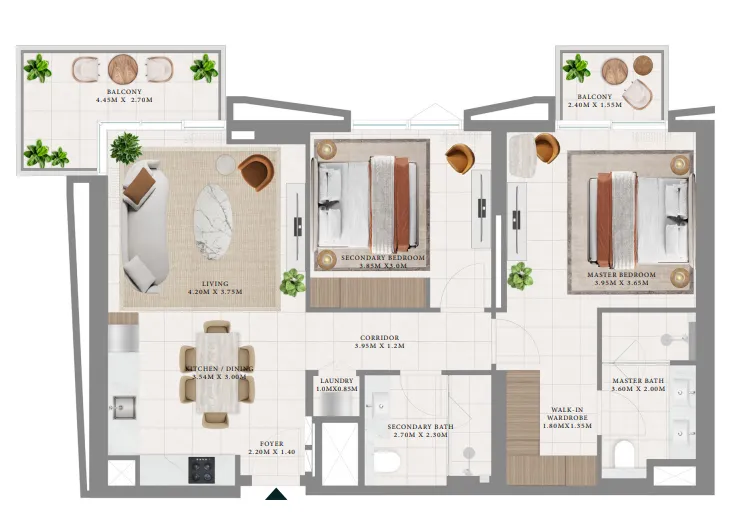Hillsedge 2 bed floor plan, 1,140 sqft