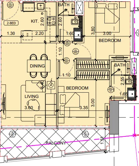 Binghatti Twilight 2 bed floor plan, 892 sqft