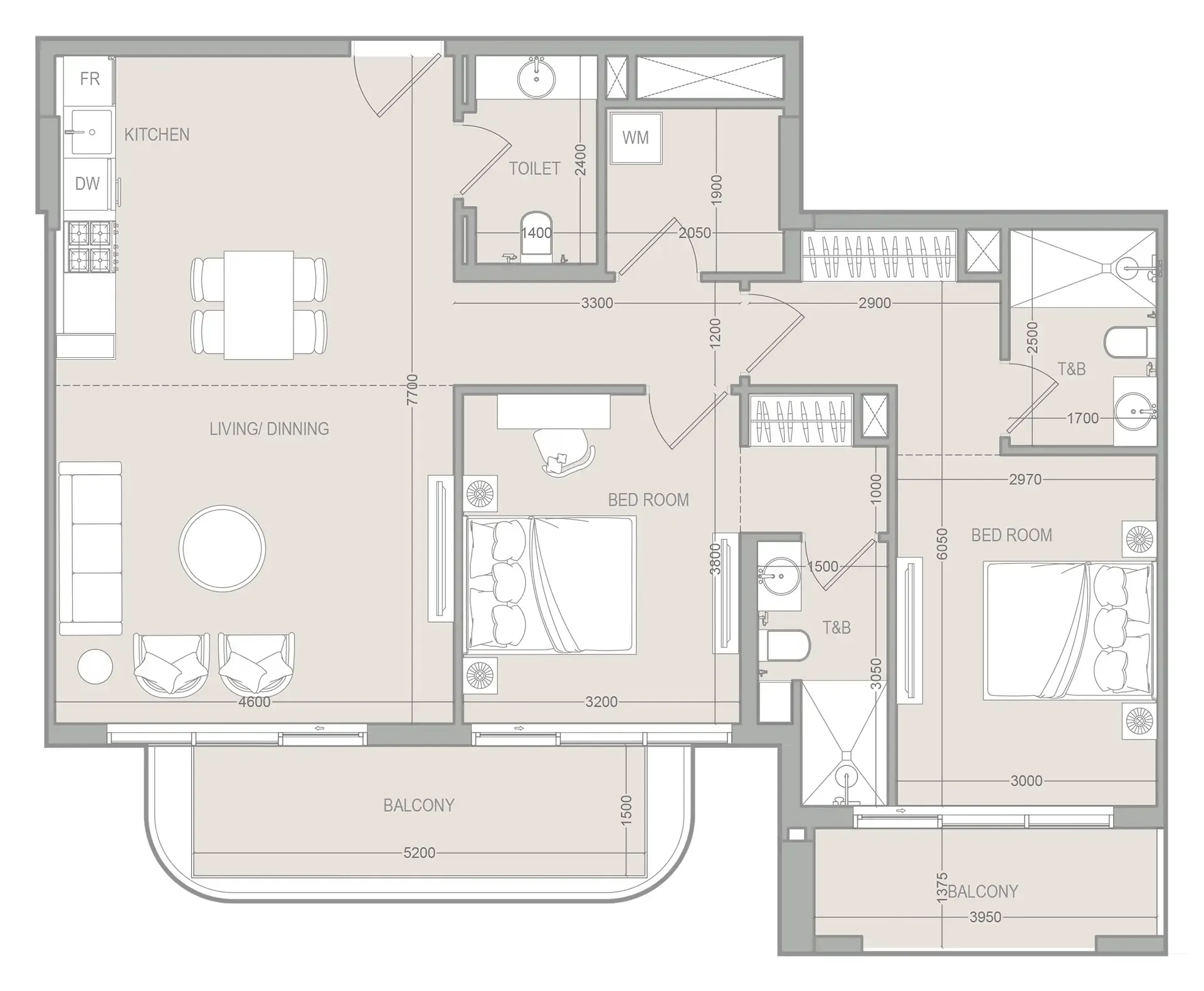 FLU1D ONE 2 bed floor plan, 1,193 sqft
