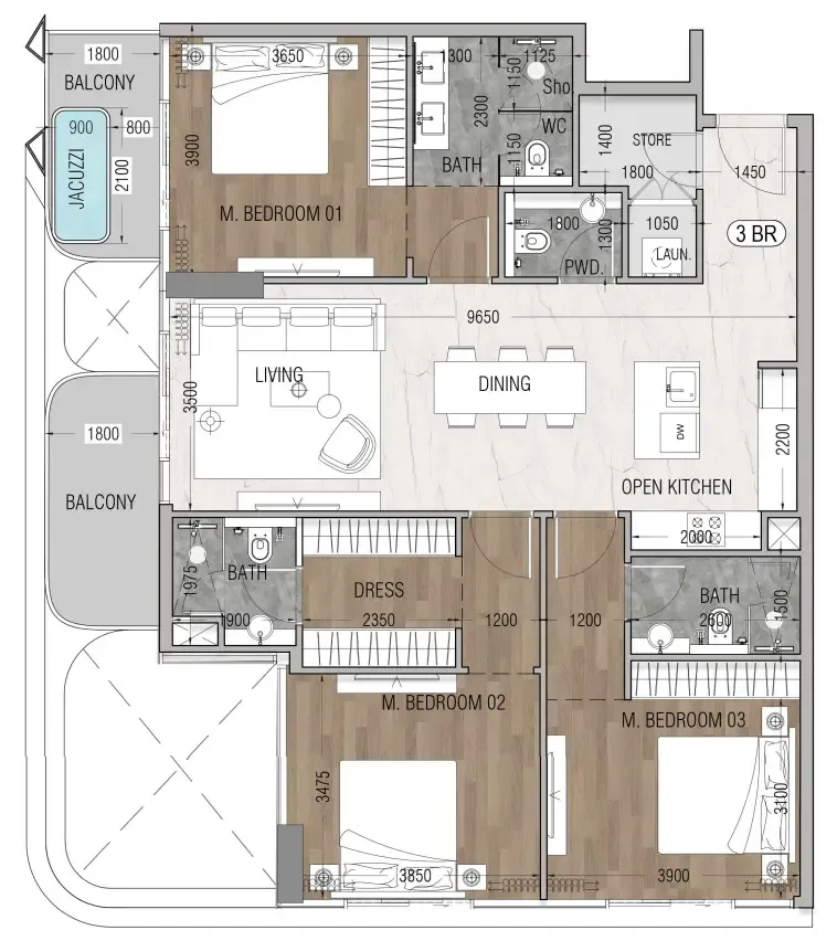 Vue Dorée 3 bed floor plan, 1,450 sqft