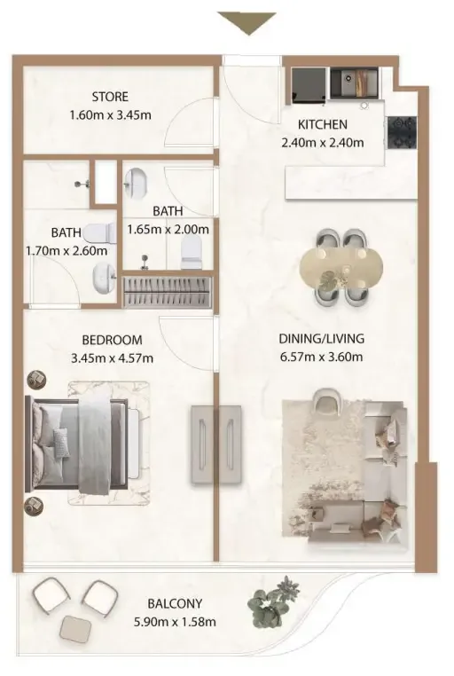 Veda by AUM Development 1 bed floor plan, 813 sqft