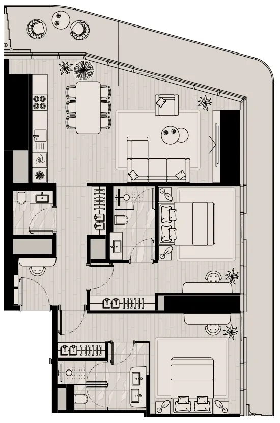 LIV Maritime 2 bed floor plan, 1,595 – 1,599 sqft