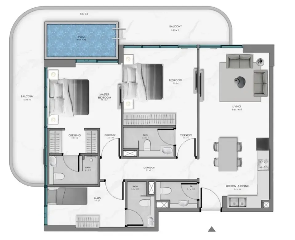 Samana Ocean Bay 2 bed floor plan, 1,467 sqft