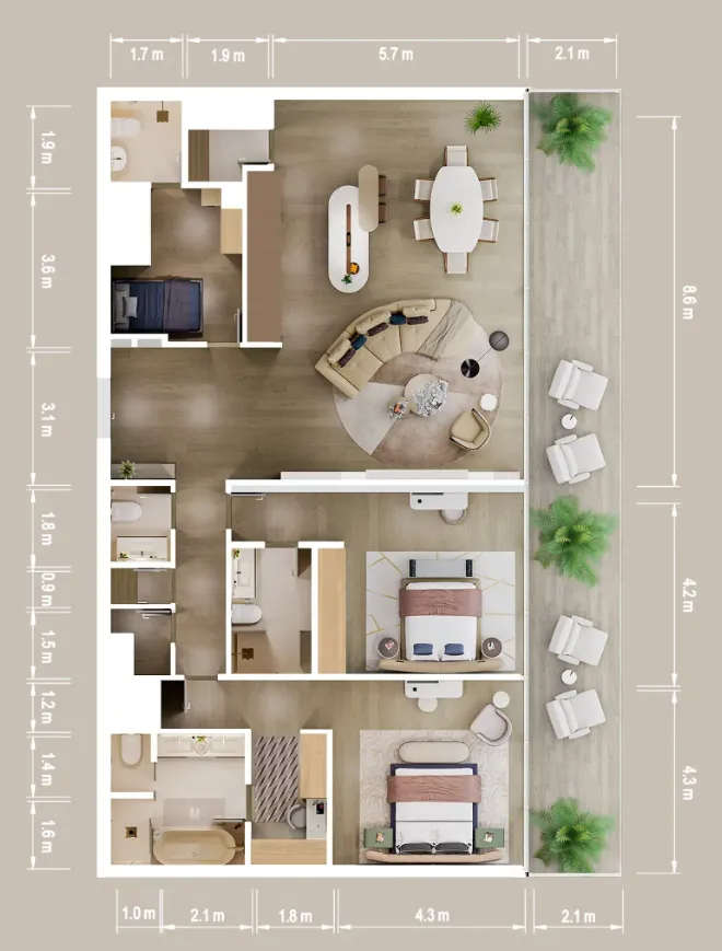Mandarin Oriental Residences 2 bed floor plan, 2,201 sqft