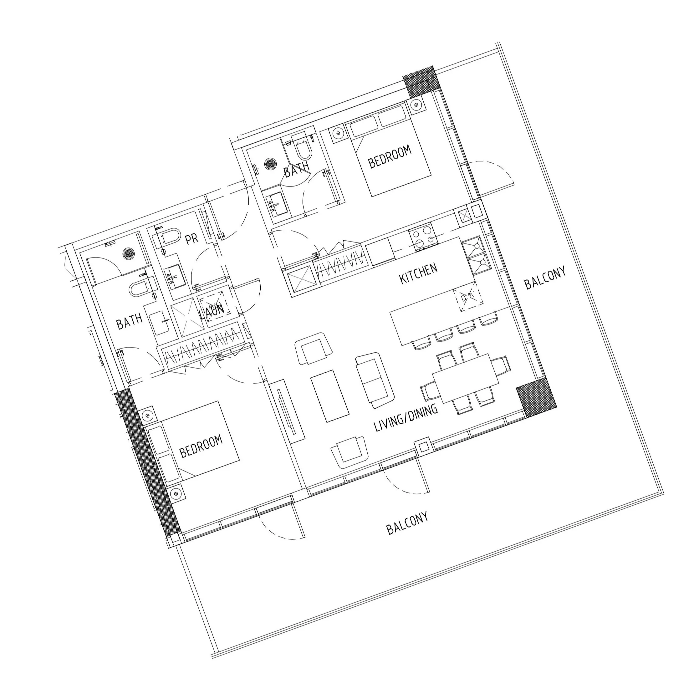 Damac District 2 bed floor plan, 1,465 sqft