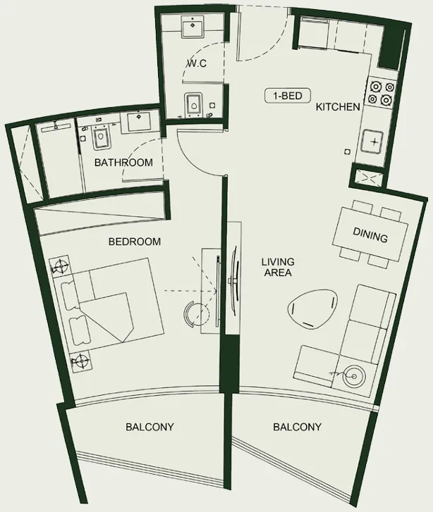 Binghatti HillCrest 1 bed floor plan, 697 – 698 sqft