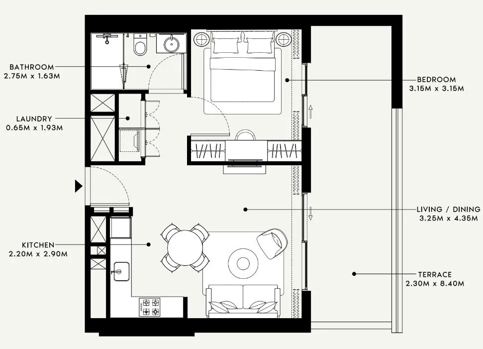 Beach Oasis 1 and 2 1 bed floor plan, 776 sqft