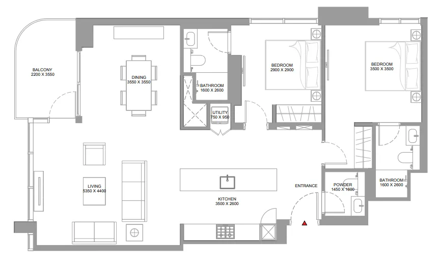 Pristine Beach Residences 2 bed floor plan, 1,194 – 1,195 sqft