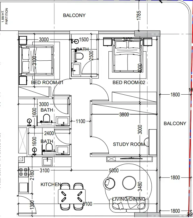 Al Haseen Residences 6 2 bed floor plan, 1,394 sqft