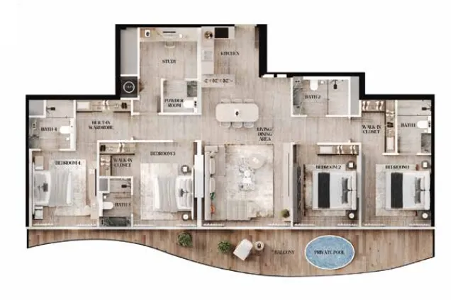 Agua Residences 4 bed floor plan, 1,814 sqft