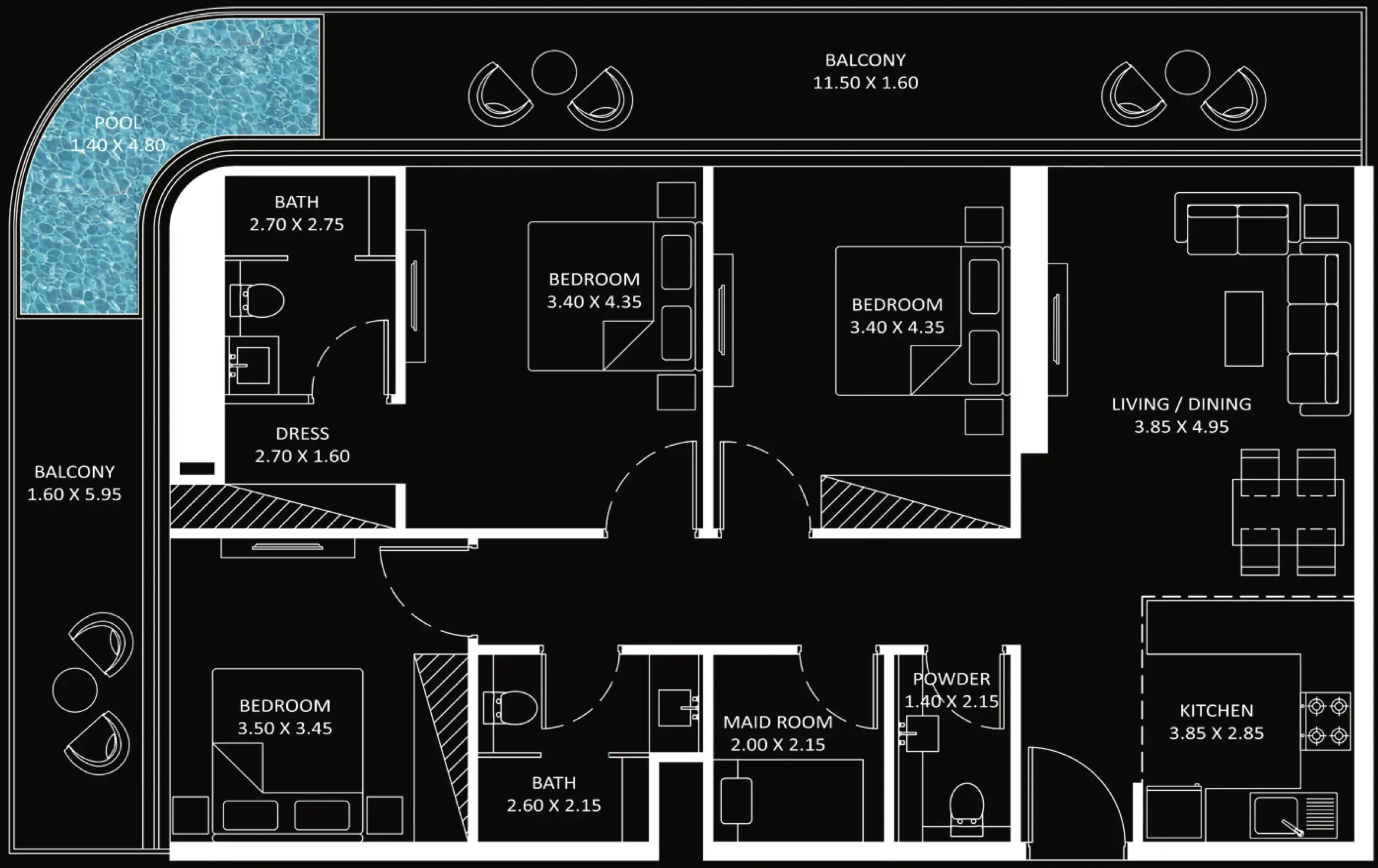 Bayz 101 3 bed floor plan, 1,492 sqft