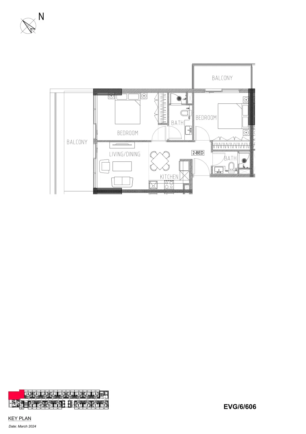 Evergreens 2 bed floor plan, 885 sqft