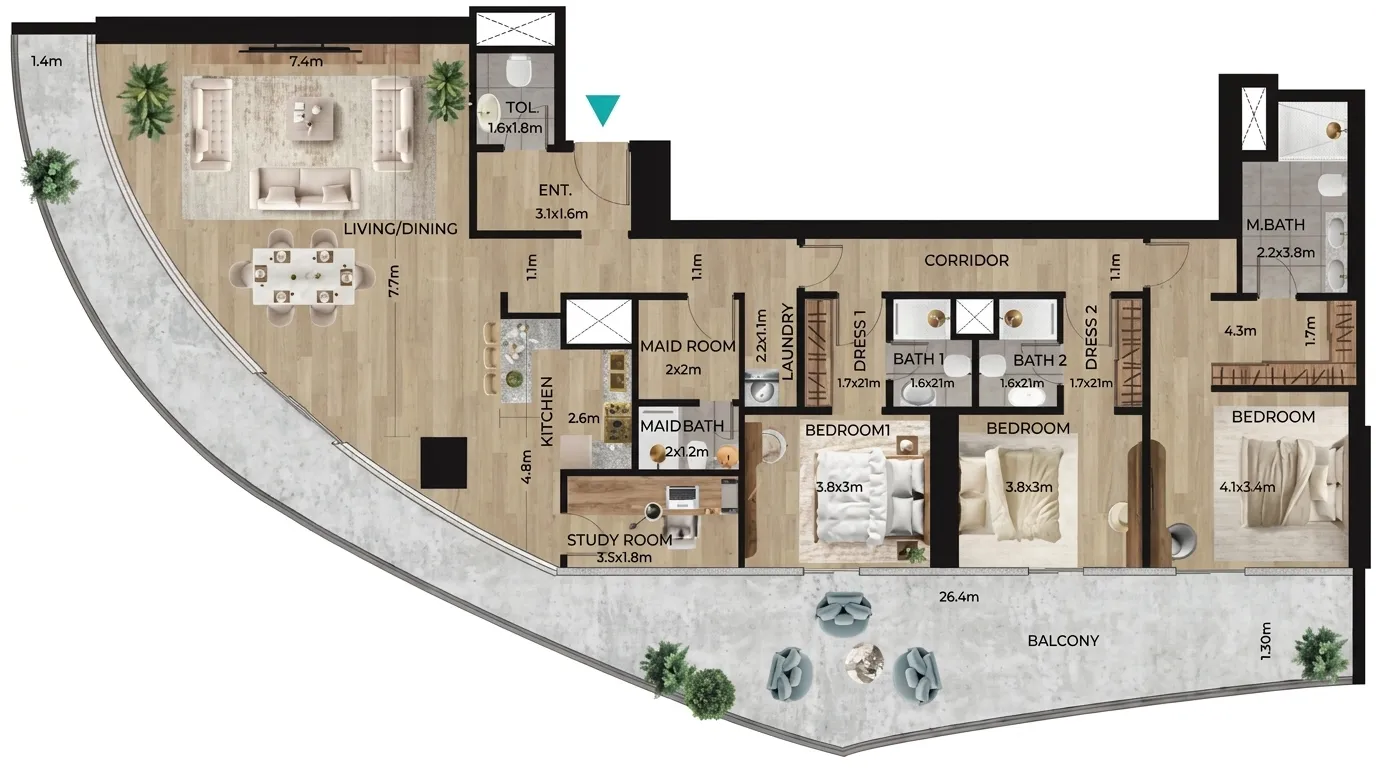 Waterfront by Missoni 3 bed floor plan, 2,490 sqft