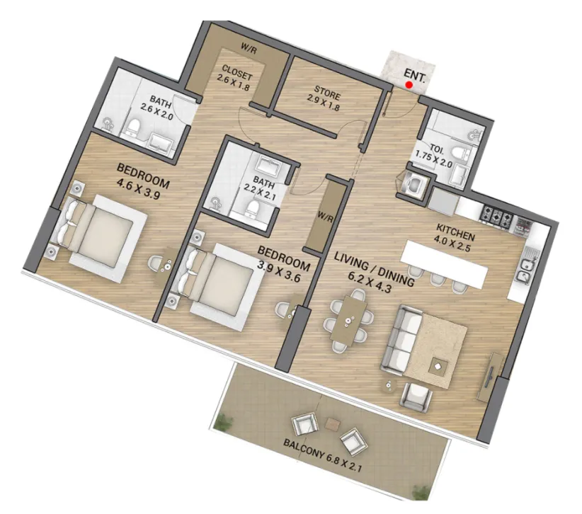 Ocean Tower 2 bed floor plan, 1,445 sqft
