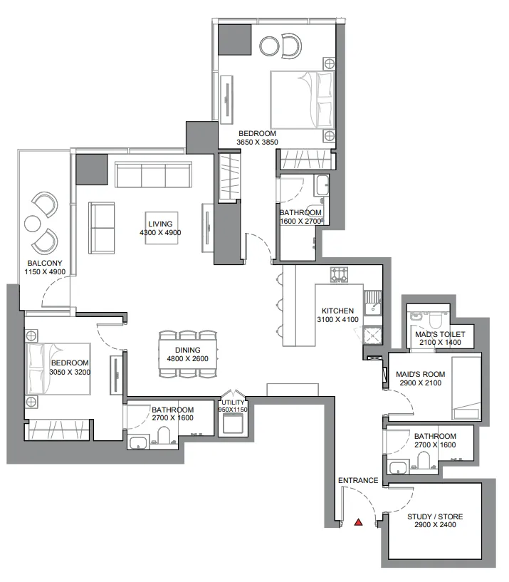 Skyscape 2 bed floor plan, 1,552 sqft