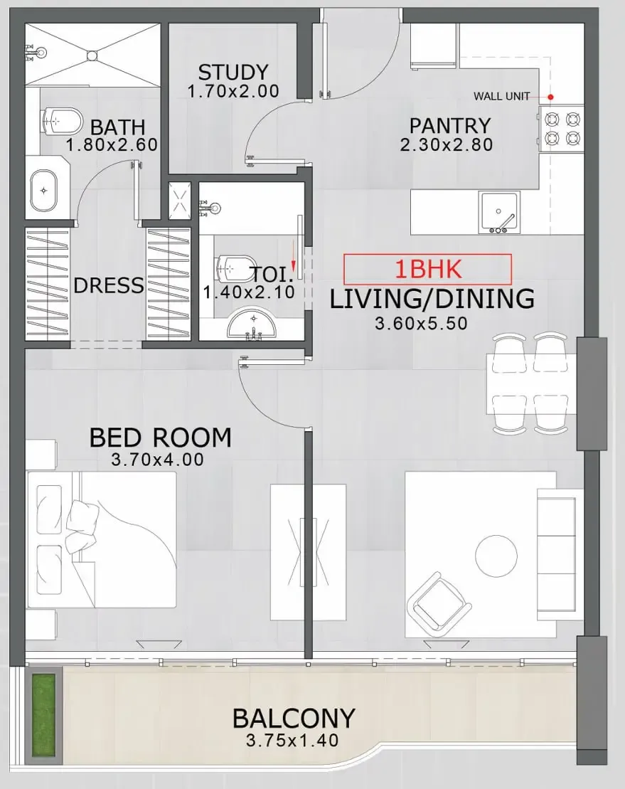 Floarea Skies 1 bed floor plan, 792 sqft