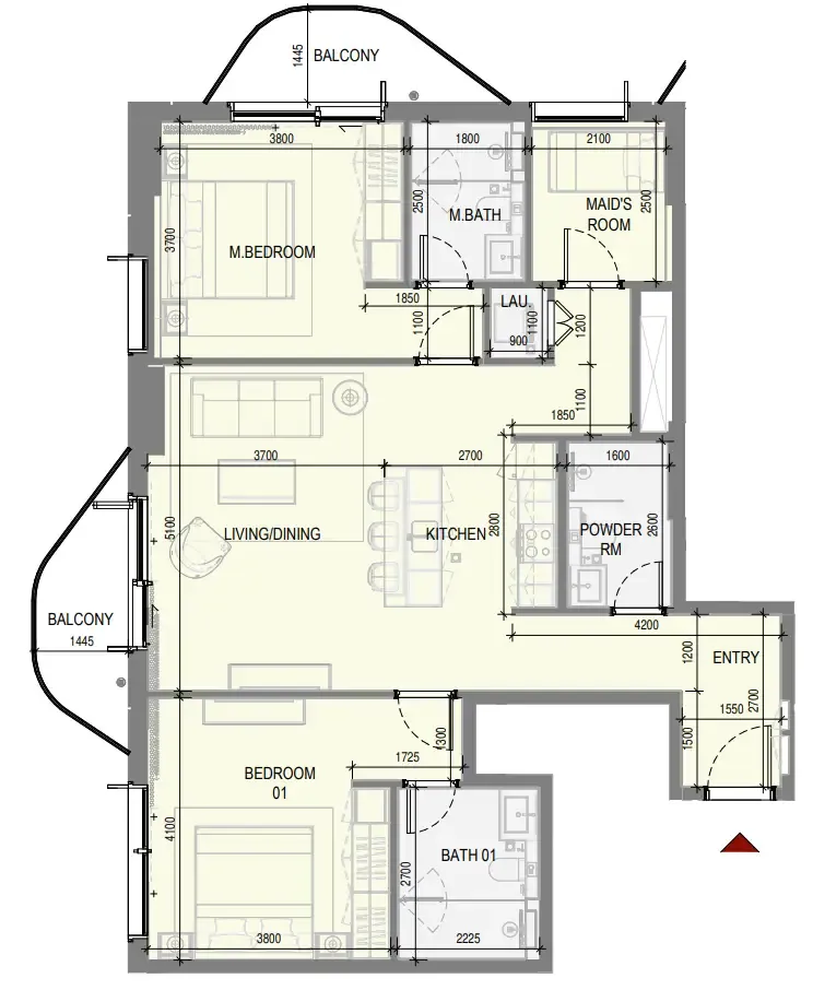 Takaya 2 bed floor plan, 1,262 sqft