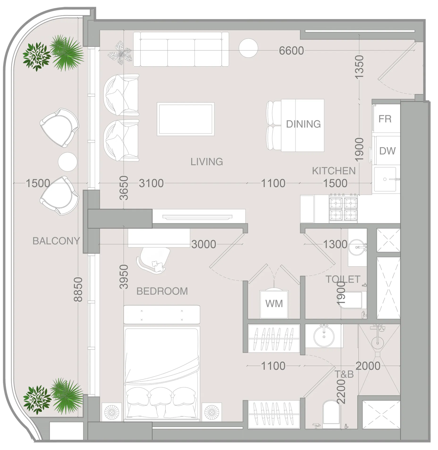 ALTA V1EW 1 bed floor plan, 735 sqft