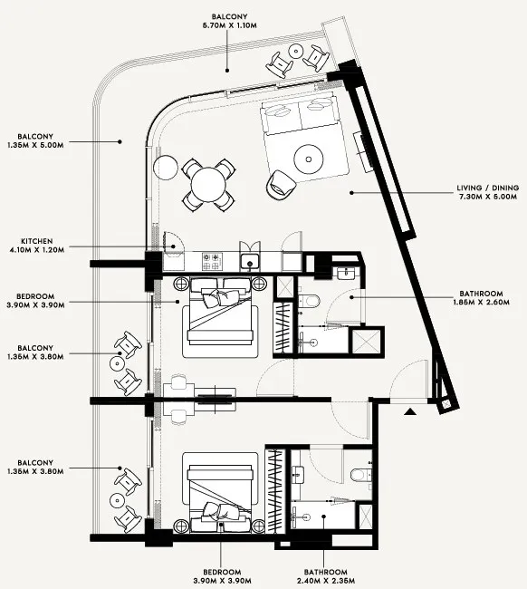 Azizi Arian 2 bed floor plan, 1,292 sqft