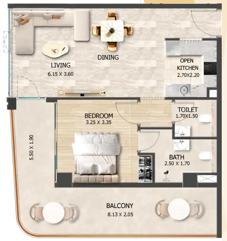 Crystal Tower by VHS 1 bed floor plan, 828 sqft