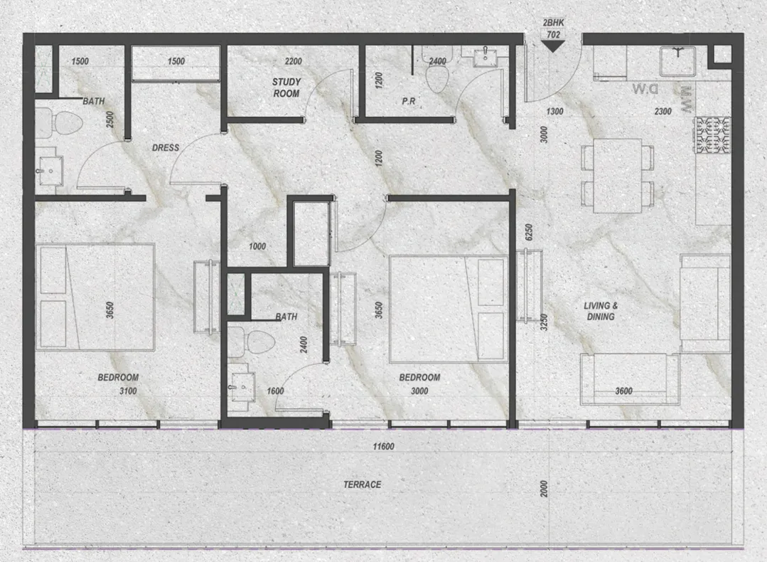 Zyra Hills 2 bed floor plan, 1,063 sqft