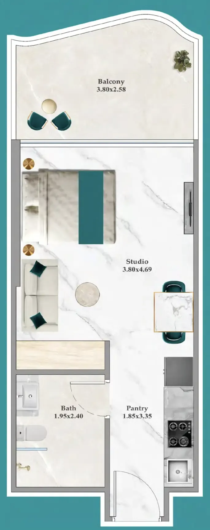 Breez Studio floor plan, 394 – 404 sqft