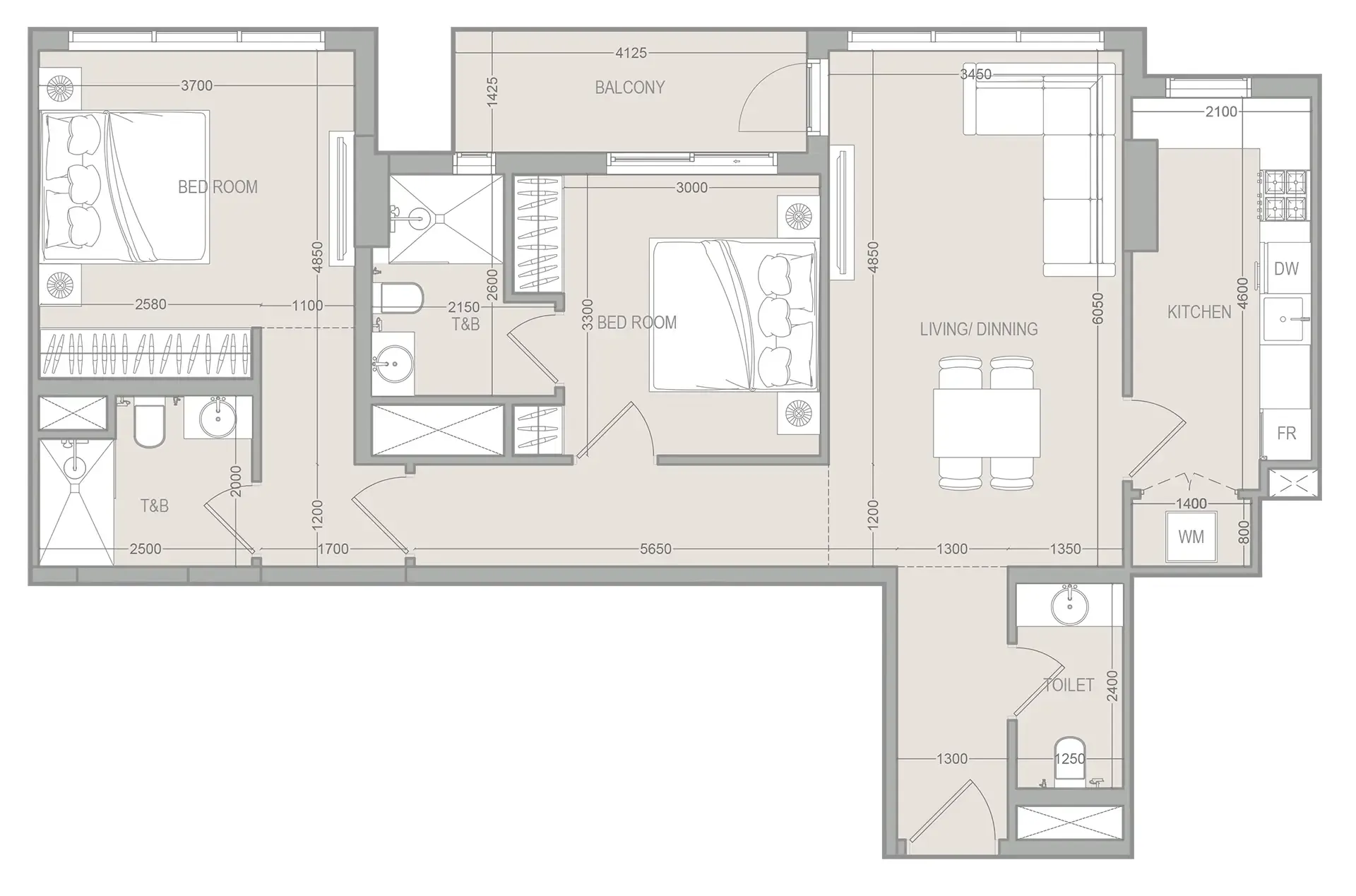 FLU1D ONE 2 bed floor plan, 1,068 sqft