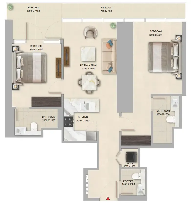 The Pinnacle at Sobha Central 2 bed floor plan, 1,083 sqft