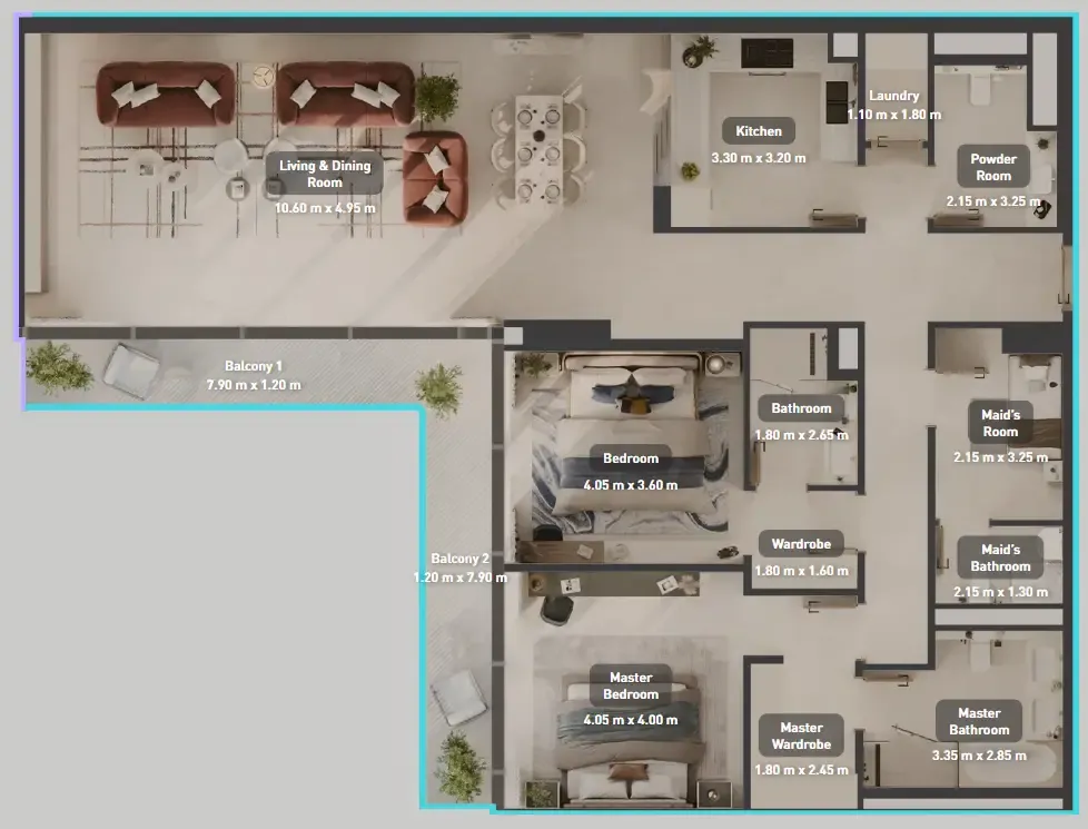 Luluat Marina at Luluat Al Raha 2 bed floor plan, 1,938 sqft