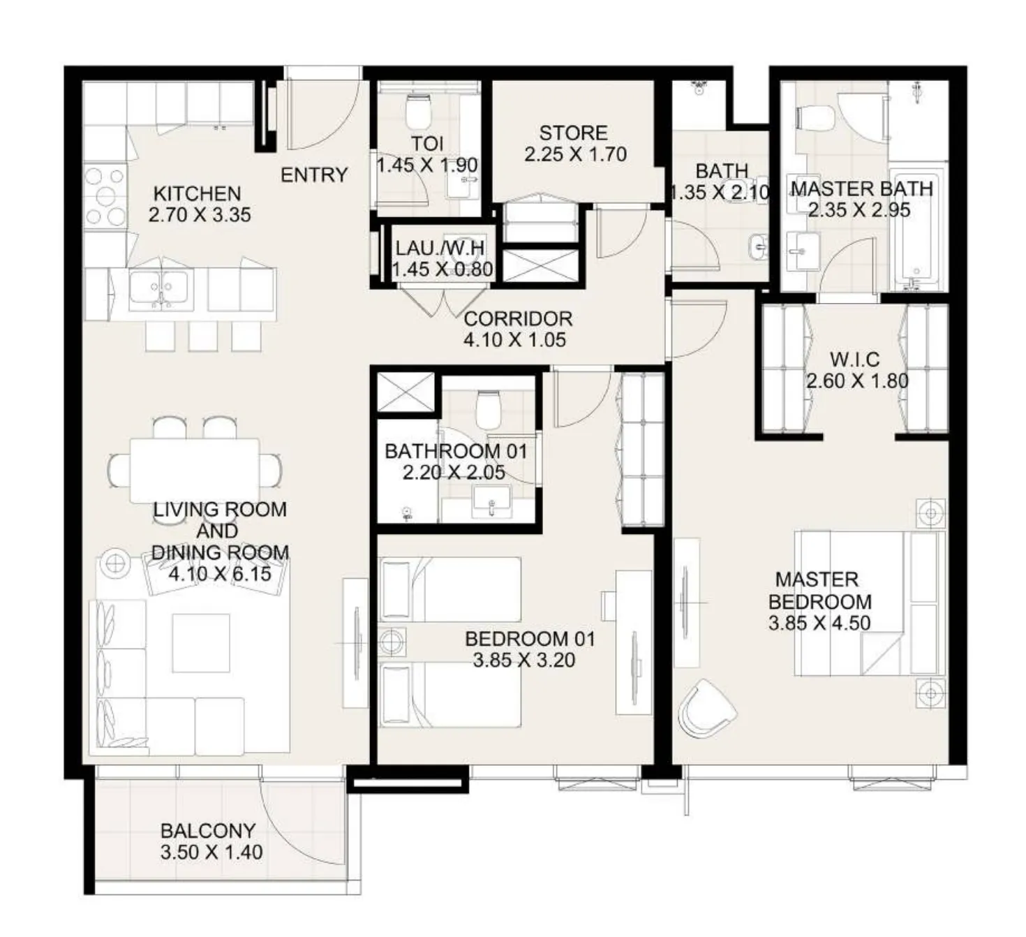 Canal Front Residences 3 and 4 2 bed floor plan, 1,330 sqft