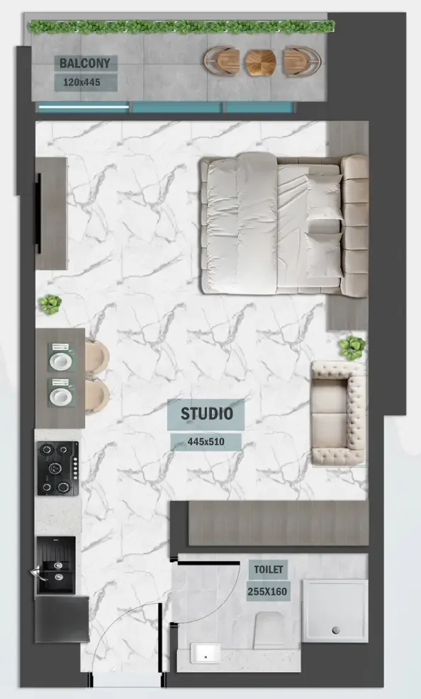 Samana Waves Phase II Studio floor plan, 437 sqft