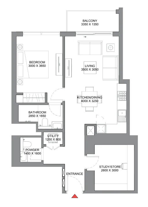 310 Riverside Crescent 1 bed floor plan, 818 sqft
