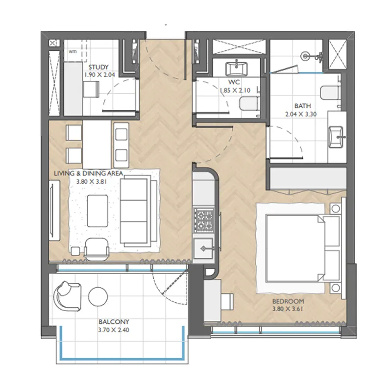 The Collective 1 bed floor plan, 680 sqft