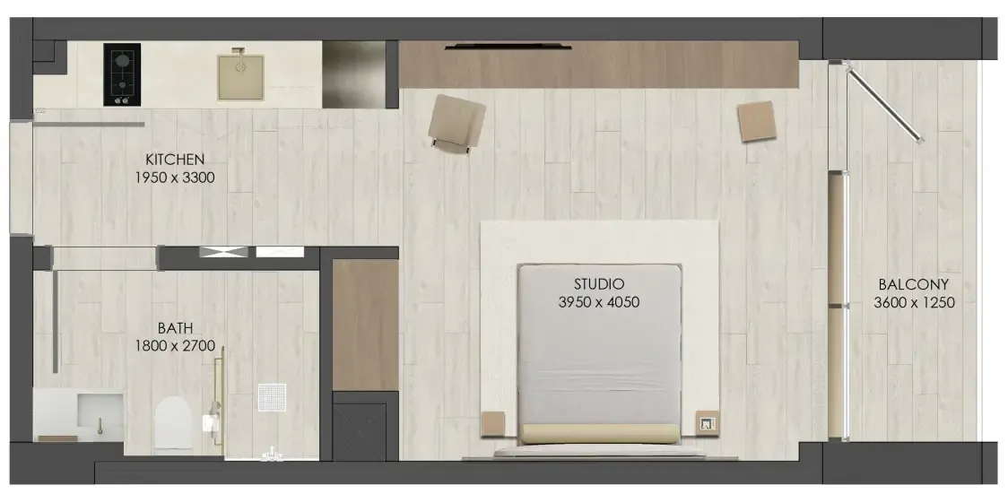 JAD 288 Studio floor plan, 391 – 397 sqft