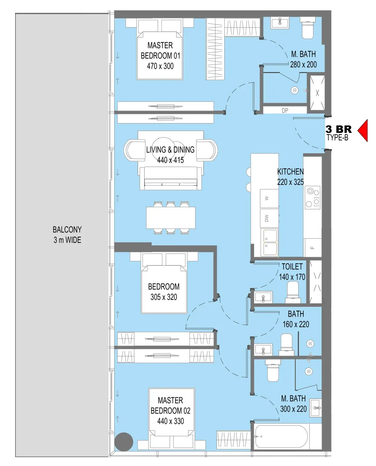 Sensi 3 bed floor plan, 1,559 – 1,572 sqft
