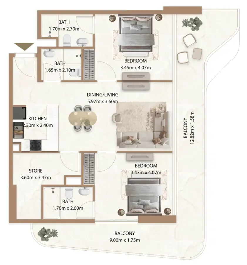 Veda by AUM Development 2 bed floor plan, 1,348 sqft