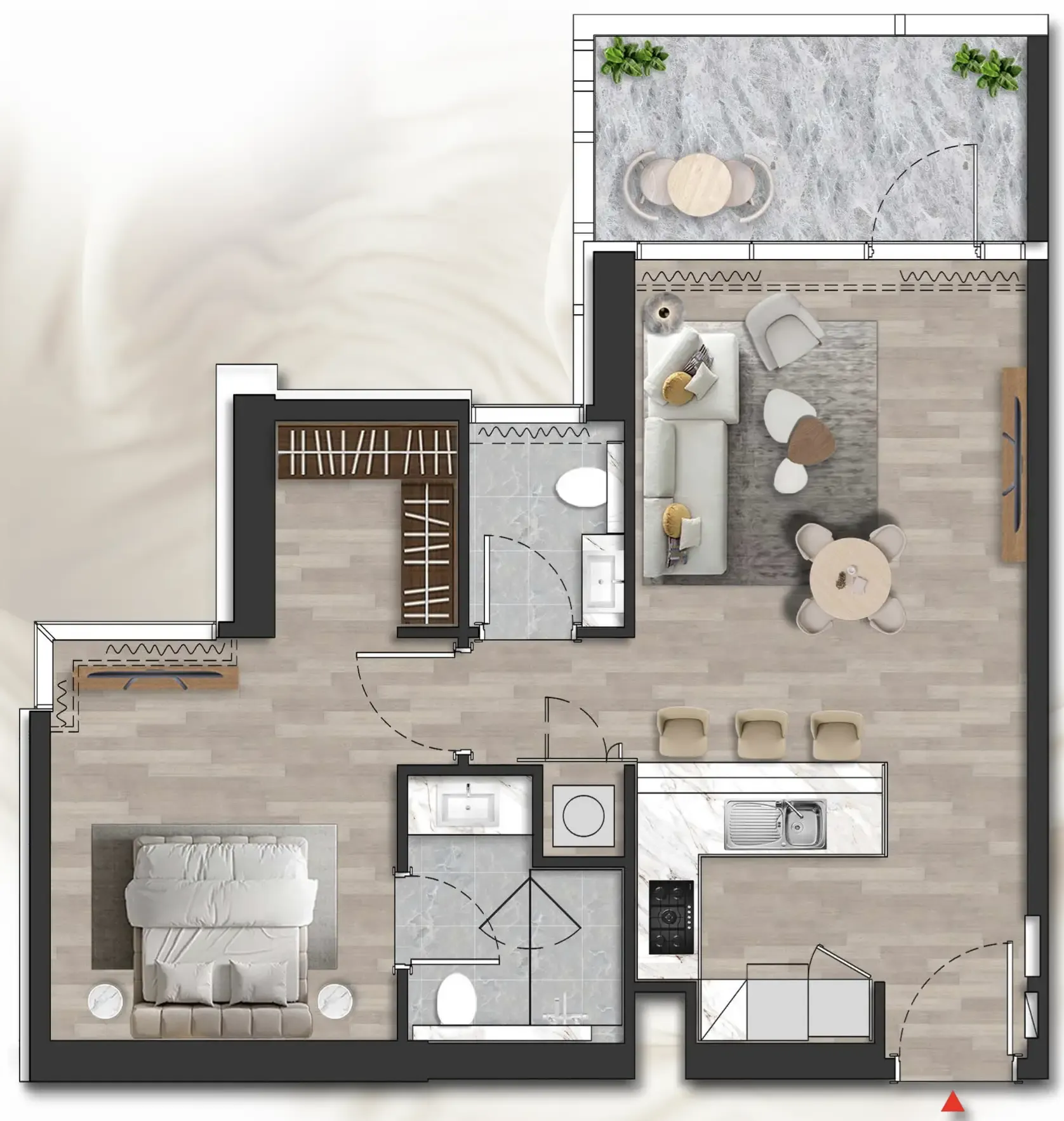 Island Heights 1 bed floor plan, 787 sqft