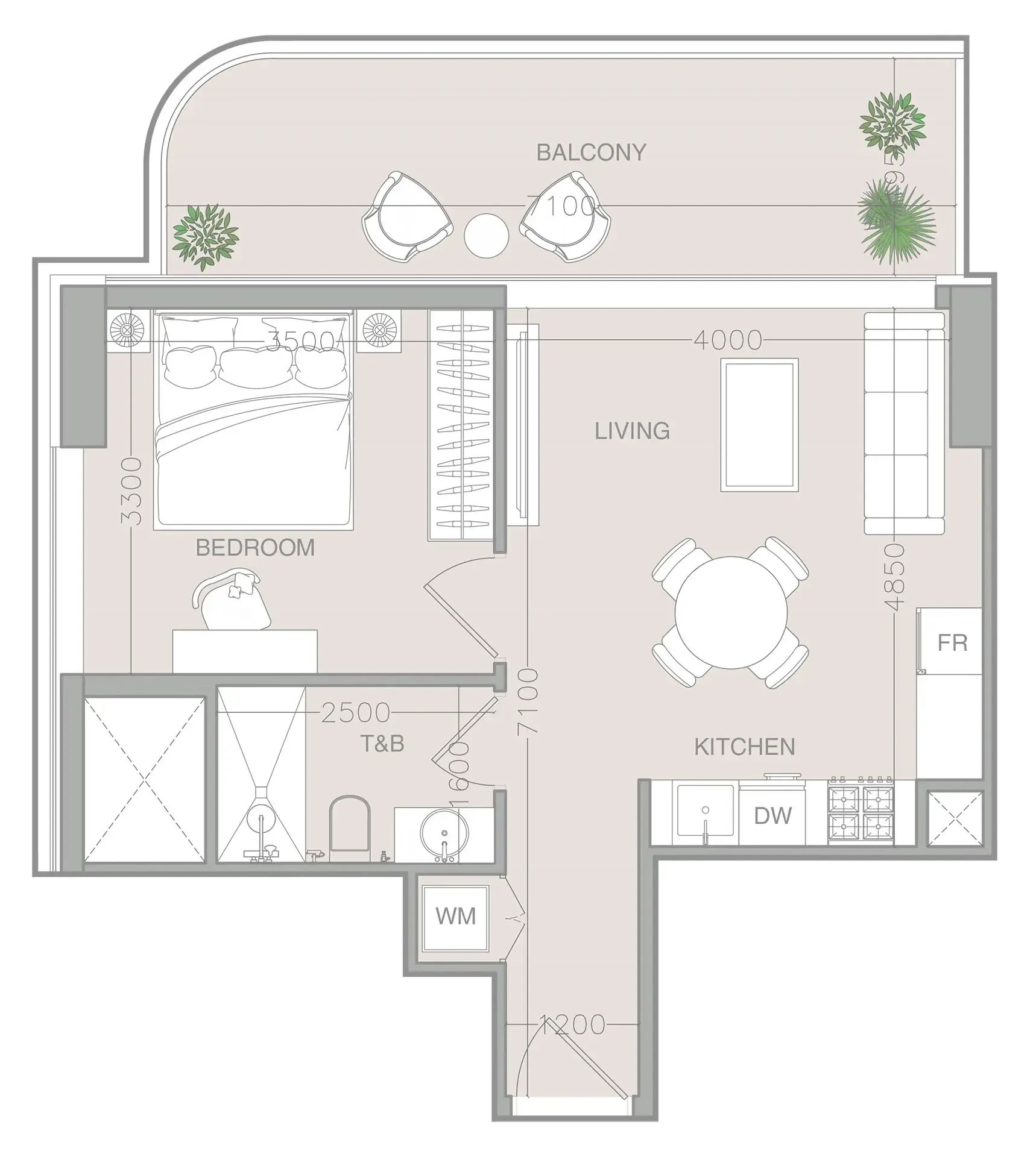 ELAR1S Axis 1 bed floor plan, 634 sqft