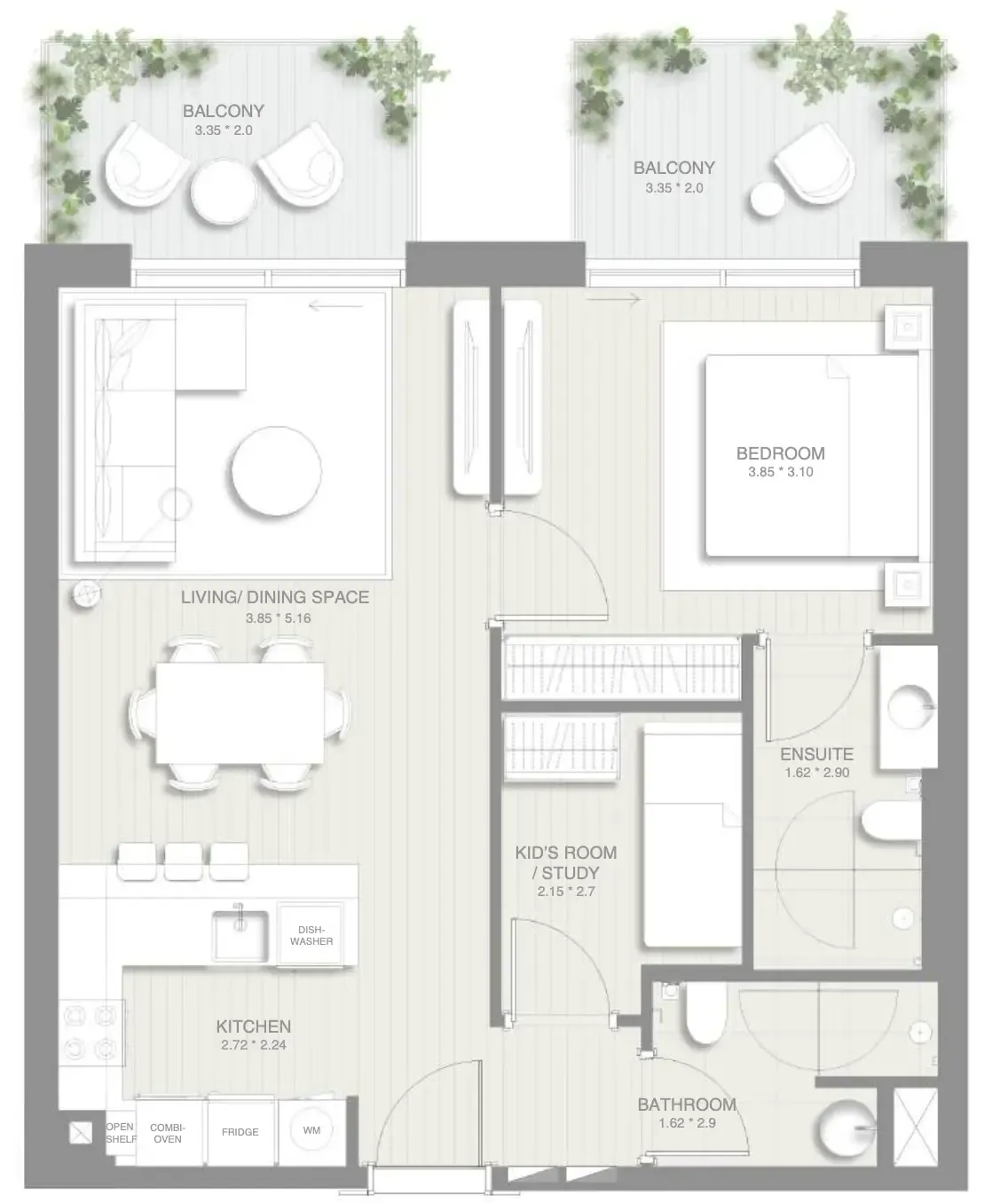Sol Levante 1 bed floor plan, 842 sqft