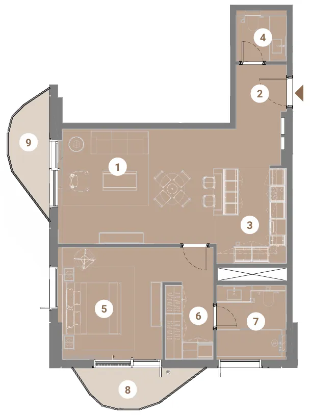 Takaya 1 bed floor plan, 944 – 1,123 sqft