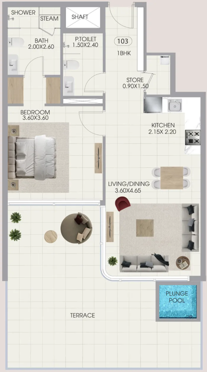 Bonds Avenue 1 bed floor plan, 1,046 sqft