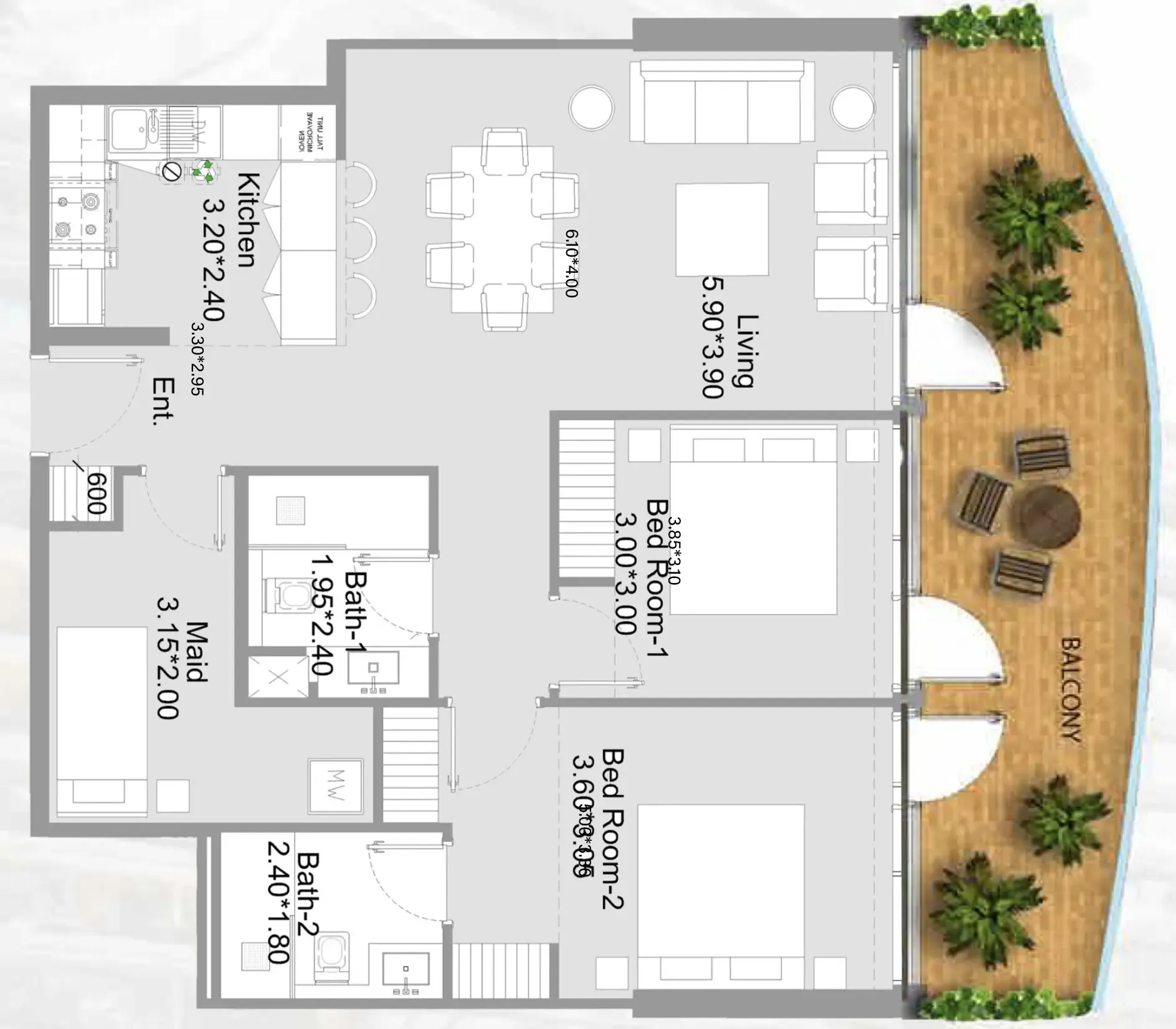 311 Boulevard 2 bed floor plan, 1,250 sqft