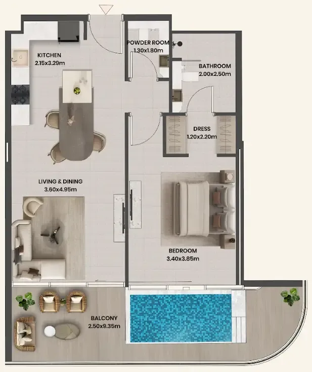 Divine Al Barari 1 bed floor plan, 893 sqft