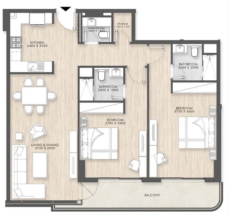Capital Horizon Terraces 2 bed floor plan, 1,227 – 1,228 sqft