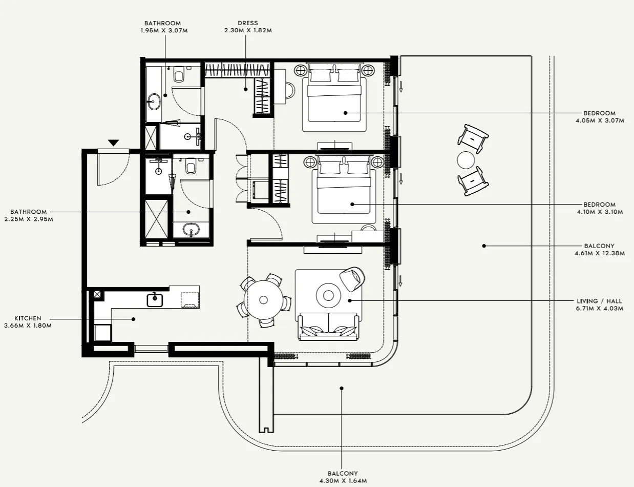 Azizi Venice 2 bed floor plan, 1,822 sqft