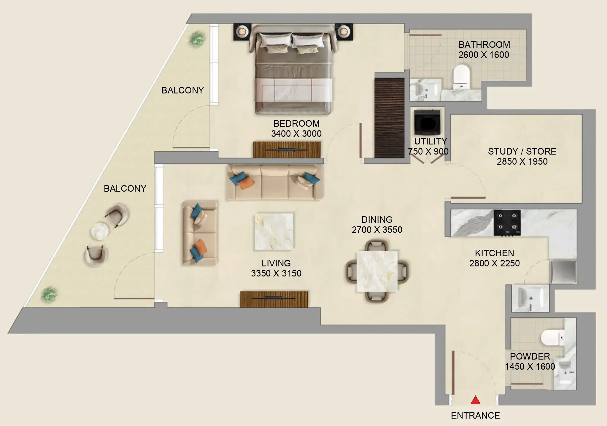 Skyvue Altier 1 bed floor plan, 832 sqft