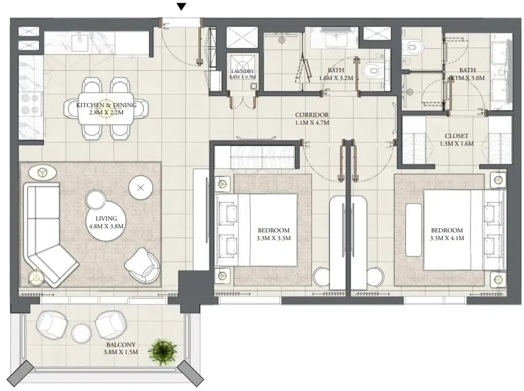 Mangrove 2 bed floor plan, 1,015 sqft