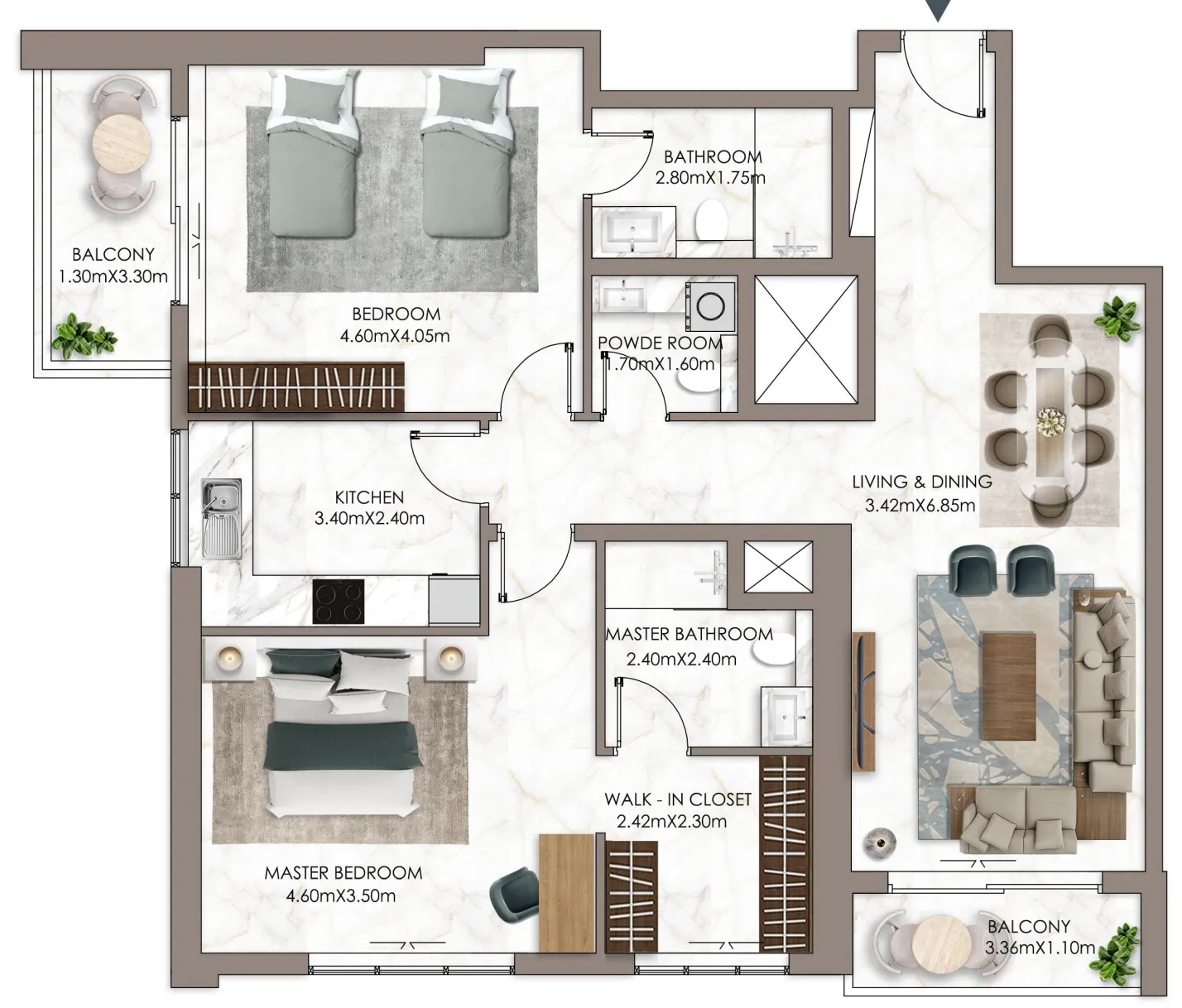 Ajman Creek Towers 2 bed floor plan, 1,777 sqft