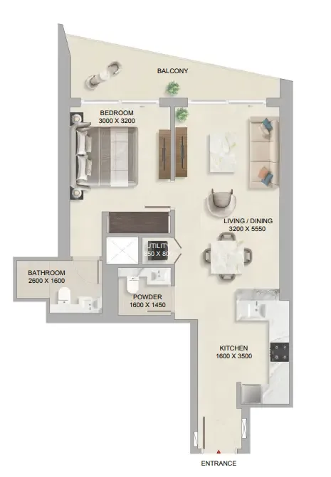 The Tranquil at Sobha Central 1 bed floor plan, 743 sqft